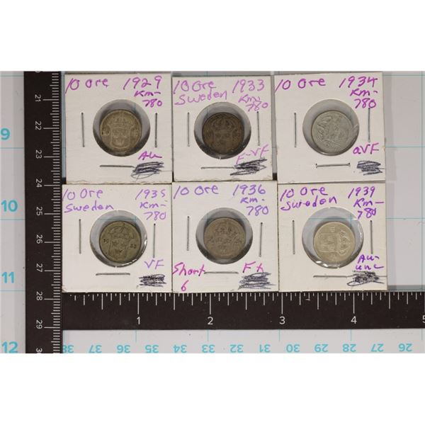 1929, 33, 34, 35,36 & 1939 SWEDEN SILVER 10 ORE