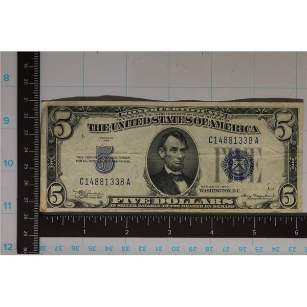 1934 US $5 SILVER CERTIFICATE BLUE SEAL