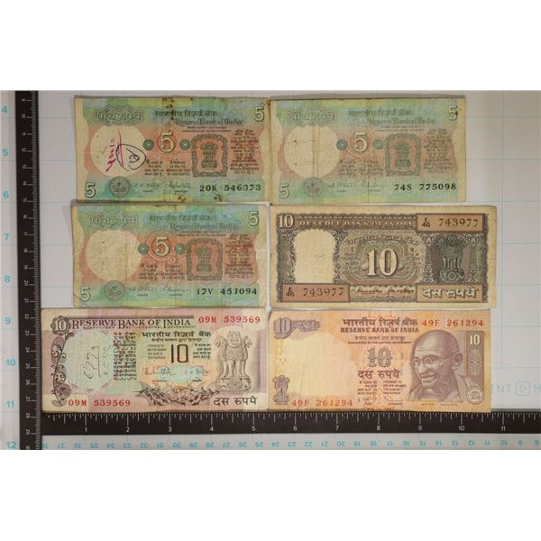 6 INDIA BILLS: 3-FIVE RUPEE & 3-10 RUPEE'S SOME