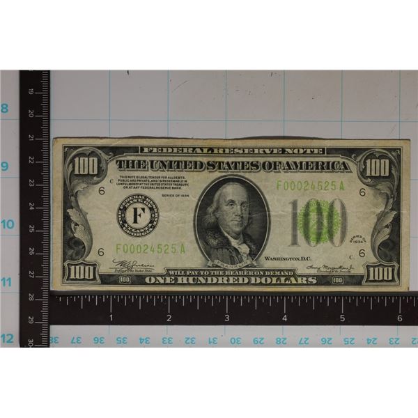1934 US $100 GREEN SEAL FRN F00024525A
