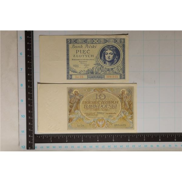 2 POLAND CRISP UNC BILLS: 1930-FIVE ZLOTYCH AND