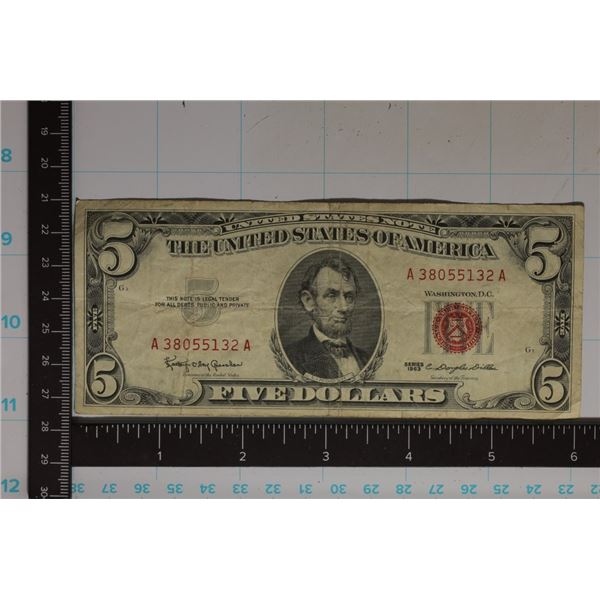 1963 US RED SEAL $5 NOTE A38055132A