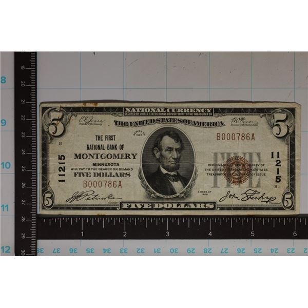 1929 US $5 NATIONAL CURRENCY BANK OF MONTGOMERY,