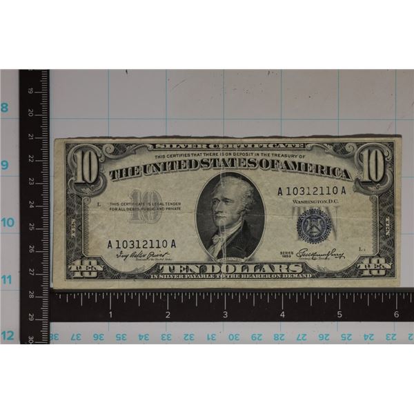 1953 US $10 SILVER CERTIFICATE BLUE SEAL