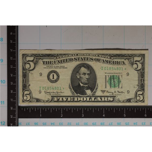 1963-A US $5 STAR NOTE FRN GREEN SEAL XF+