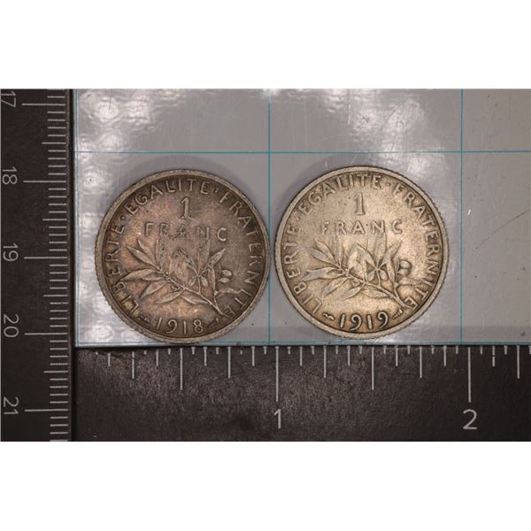 1918 & 1919 FRANCE SILVER 1 FRANCS .2684 OZ. ASW