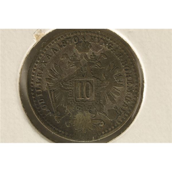 1870 AUSTRIA SILVER 10 KREUZER COIN .0214 OZ. ASW