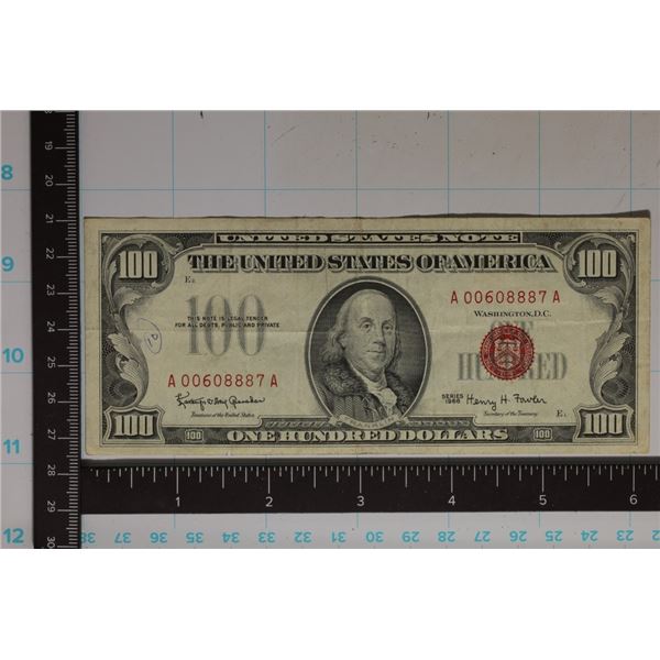1966 US RED SEAL $100 NOTE WITH SMALL INK ON THE