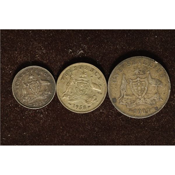 3-AUSTRALIA SILVER COINS: 1934-3 PENCE, 1958-6