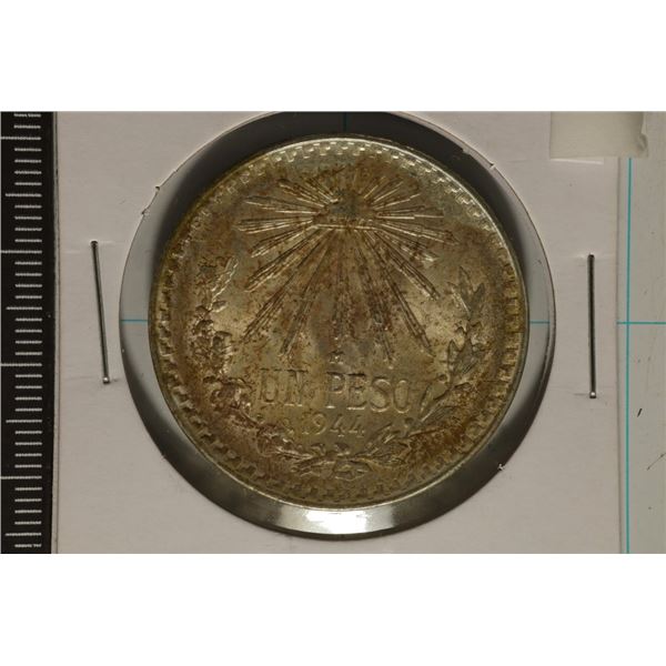 1944-M MEXICO SILVER CAP & RAYS PESO, .3857 OZ ASW