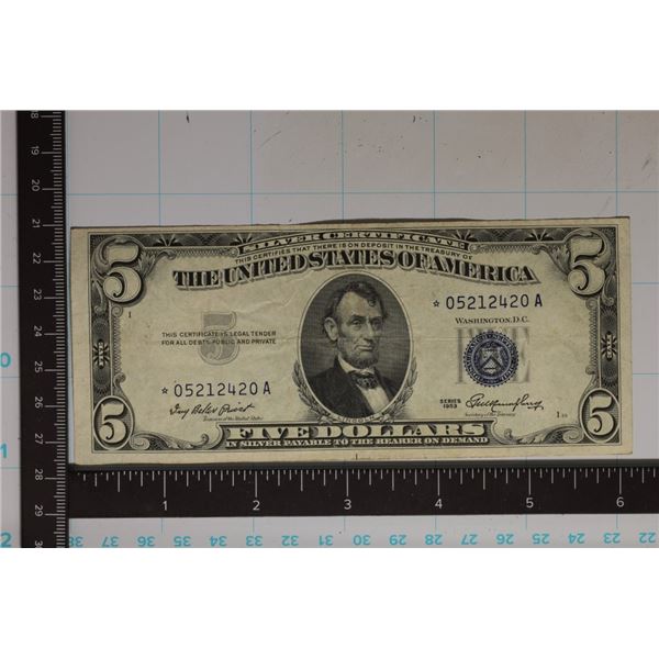 STAR NOTE 1953 US $5 SILVER CERTIFICATE BLUE SEAL