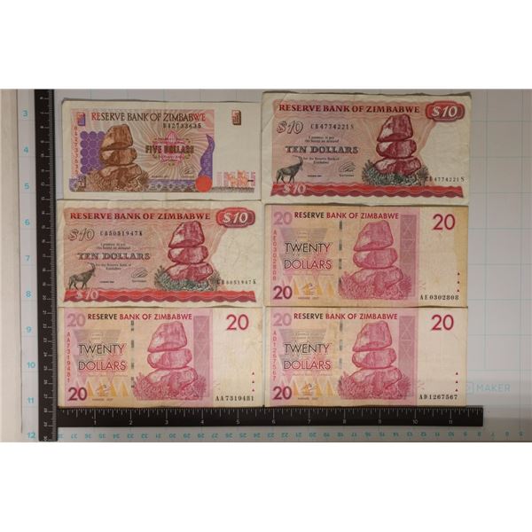 6-ZIMBABWE BILLS: 1997-$5, 2-1994-$10 & 3-2007-$20