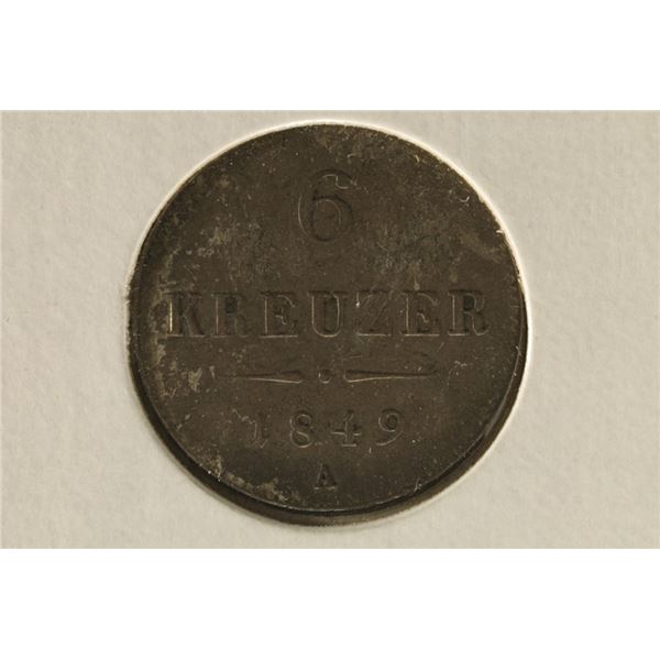 1849-A AUSTRIA SILVER 6 KRUEZER .0168 OZ. ASW