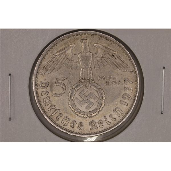 1937-A SILVER GERMAN 5 MARK WITH SWASTIKA .4016