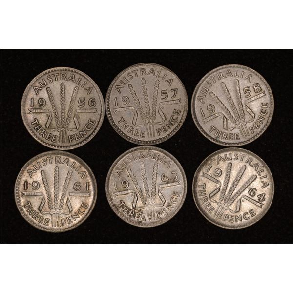 1956, 57, 58, 61, 63 & 1964 AUSTRALIA SILVER 3P