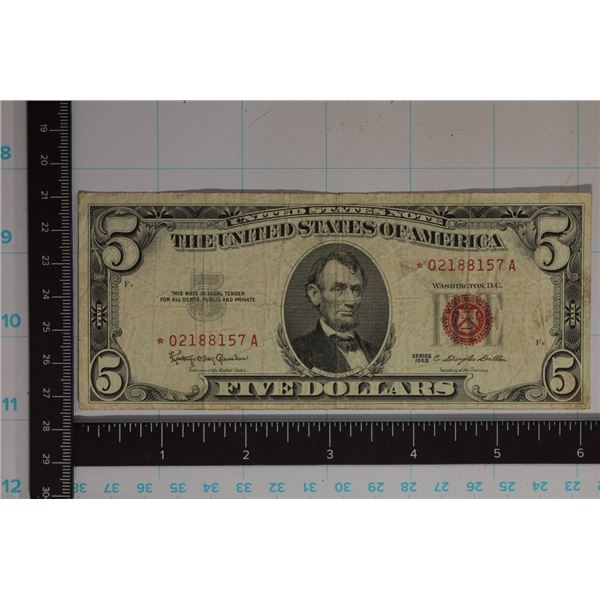 1963 US STAR NOTE RED SEAL $5 NOTE 02188157A