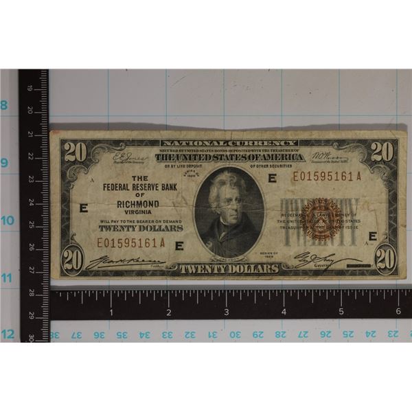 1929 US $20 NATIONAL CURRENCY BANK OF RICHMOND, VA