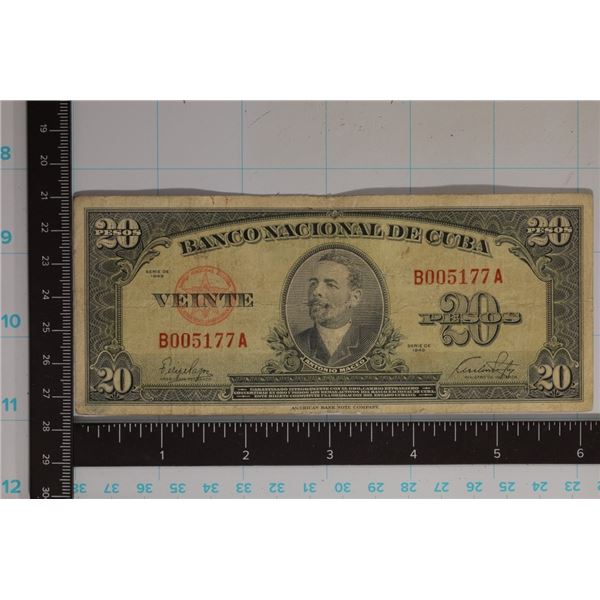 1949 BANK OF CUBA 20 PESO BILL "ANTONIO MACEO"