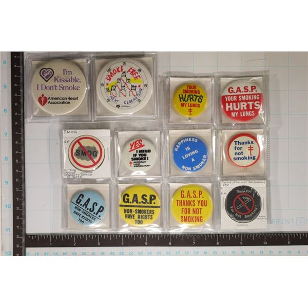 12-PINBACKS ABOUT NOT SMOKING ETC... ALL CARDED