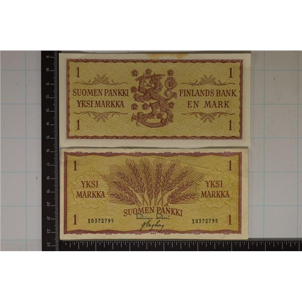 2-FINLAND 1 MARKKA BILLS: 1 CU AND ONE EXTRA FINE