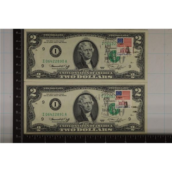 2-1976 US $2 FRN'S CU WITH CONSECUTIVE SERIAL #'S