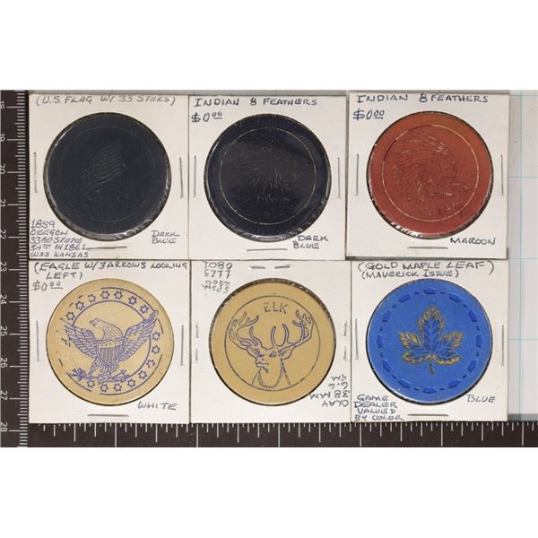 6-CLAY VINTAGE CASINO CHIPS: 1 FLAG, 2-INDIAN HEAD