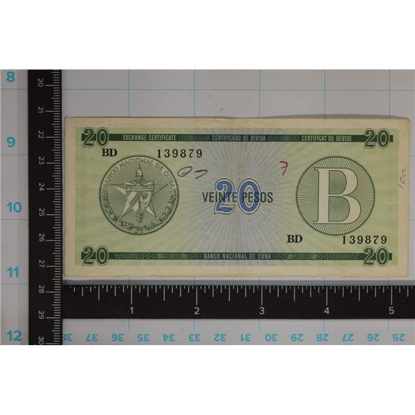 CUBA 20 PESO FEDERAL EXCHANGE CERTIFICATE HAS
