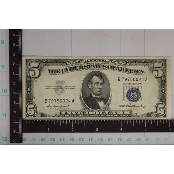 1953 US $5 SILVER CERTIFICATE BLUE SEAL B79750024A