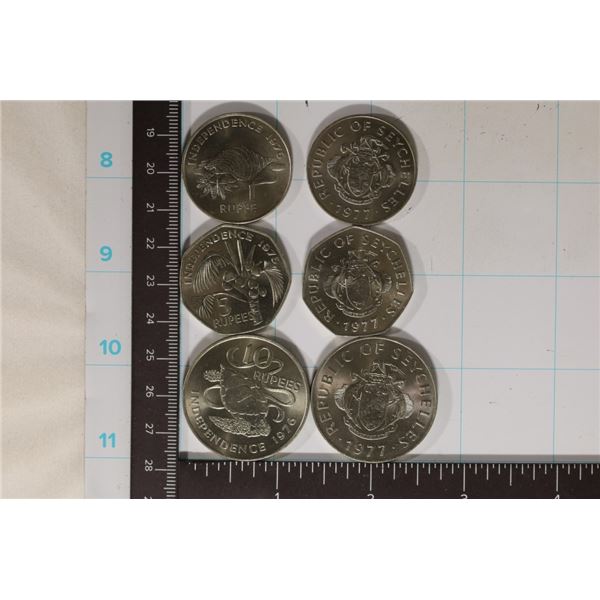 6-SEYCHELLES UNC COINS: 3-1976-1, 5 & 10 RUPEE &