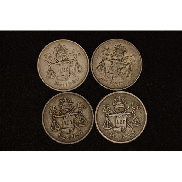 1950, 51, 52 & 1953 MEXICO SILVER 25 CENTAVOS