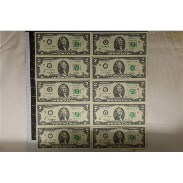 10-2013 CONSECUTIVE SERIAL NUMBER US $2 FRN'S