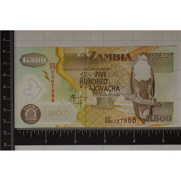 2008 BANK OF ZAMBIA 500 KWACHA POLYMER CRISP UNC