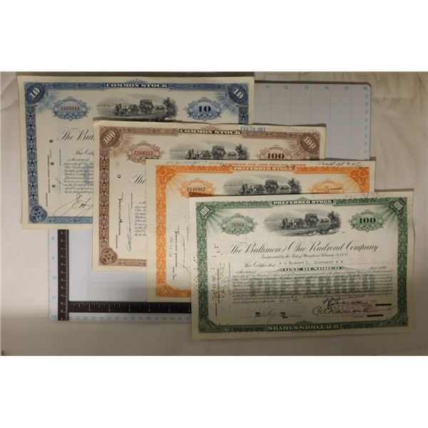 4 VINTAGE STOCK CERTIFICATES BALTIMORE AND OHIO