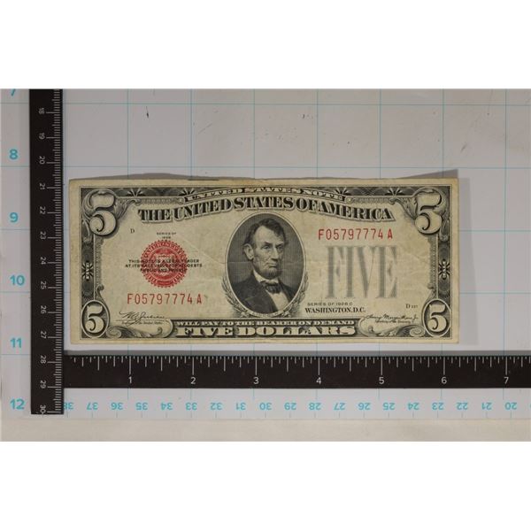 1928-C US $5 RED SEAL NOTE F05797774A