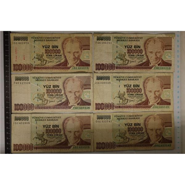 6-1970 TURKEY 100,000 LIRASI BILLS: STAINS AND