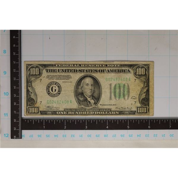 1934 US $100 GREEN SEAL FRN G02482408A