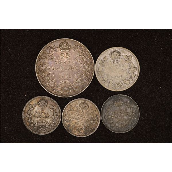 5 CANADA SILVER COINS: 1913-25 CENT, 1930-10 CENT,