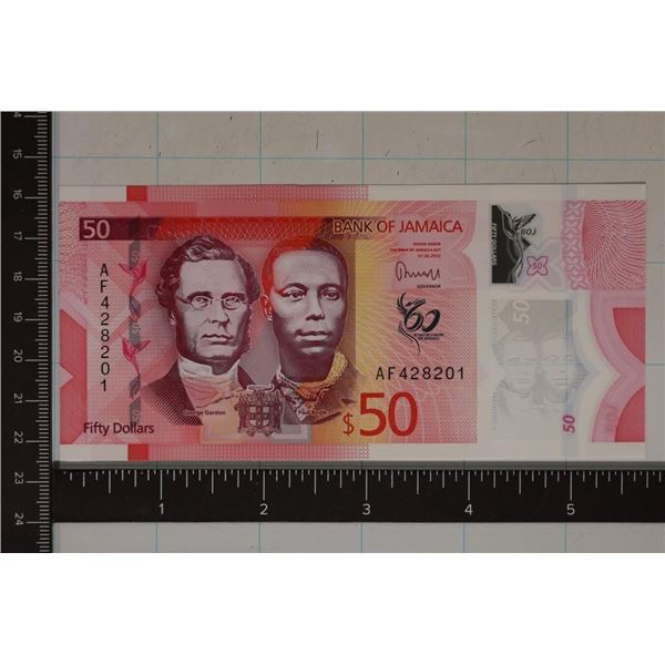 2022 CRISP UNC POLYMER JAMAICA $50 COLORIZED BILL
