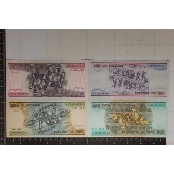 4 CRISP UNC BRASIL BILLS: 100, 200, 500 & 1000
