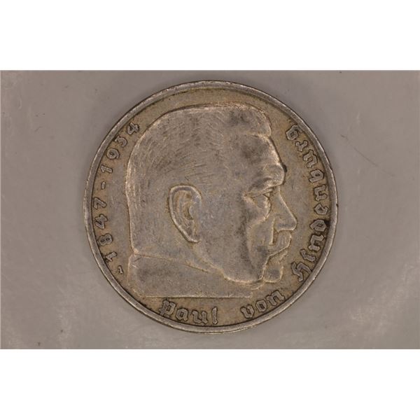 1936-A GERMAN SILVER 5 MARK .4016 OZ. ASW