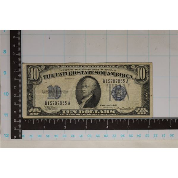 1934-A US BLUE SEAL $10 SILVER CERTIFICATE