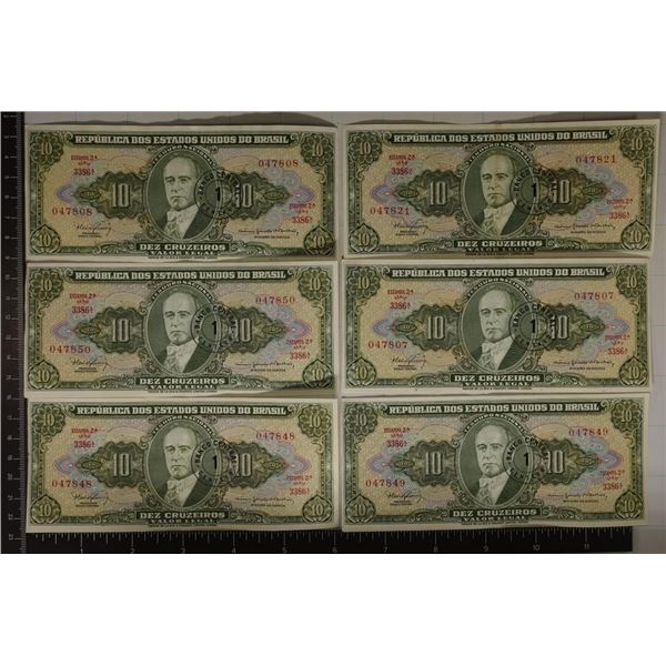 6-CRISP AU B-RASIL 10 CRUZEIRO BILLS: 1 SET OF 3
