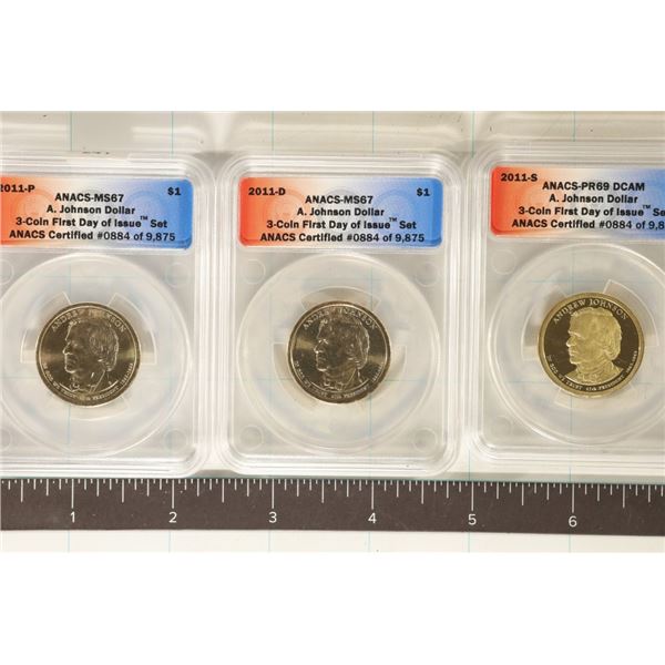3 US ANDREW JOHNSON ANACS GRADED DOLLARS: