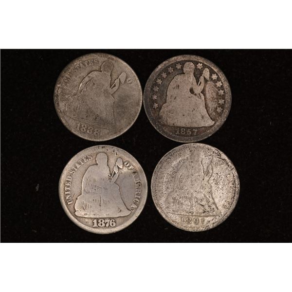 1838, 1857, 76 AND 1891 SILVER SEATED LIB. DIMES