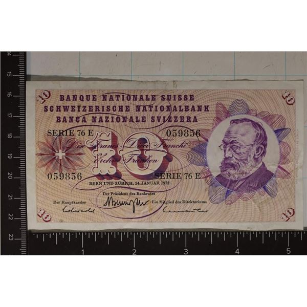 1972 SWISS 10 FRANCS CRISP WITH A PORTRAIT OF