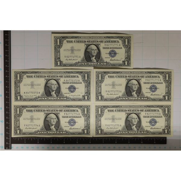 5-CRISP UNC US 1957 $1 SILVER CERTS CONSECUTIVE #S