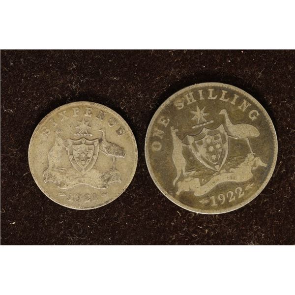 2 AUSTRALIA SILVER COINS: 1921-6 PENCE AND 1922-