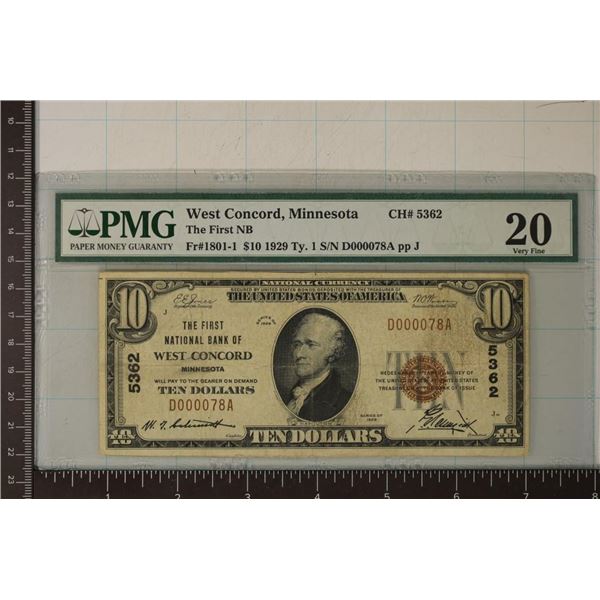 1929 US $10 TYPE I NATIONAL CURRENCY WEST CONCORD