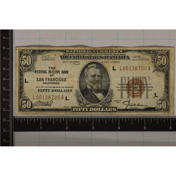 1929 TYPE 1 US $50 NATIONAL CURRENCY FR2101 BROWN