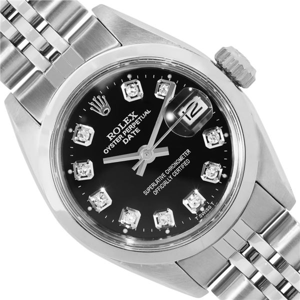 Rolex Ladies Stainless Steel Black Diamond Smooth Bezel Date Wristwatch 26MM